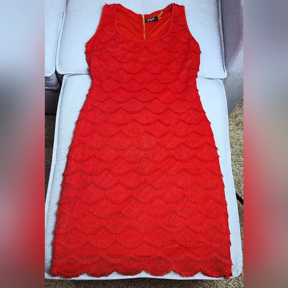 GUESS Red Scalloped Crochet Lace Fringe Cocktail Dress – Size 12 - Picture 10 of 13